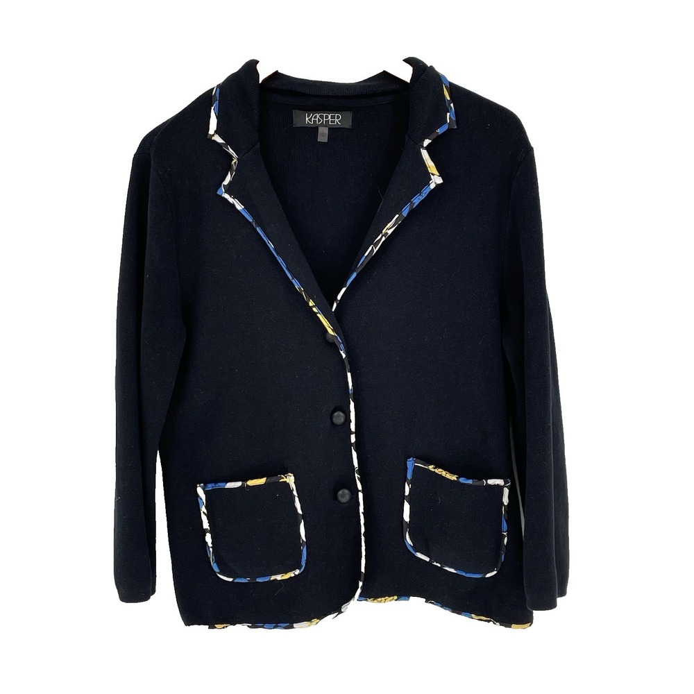 Kasper Womens L Cardigan‎ Knit Open Multicolor Trim Long Sleeve Classic